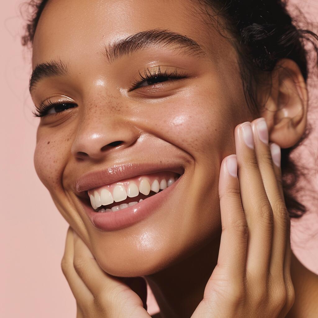 Close-up of glowing, healthy skin against a soft blush background