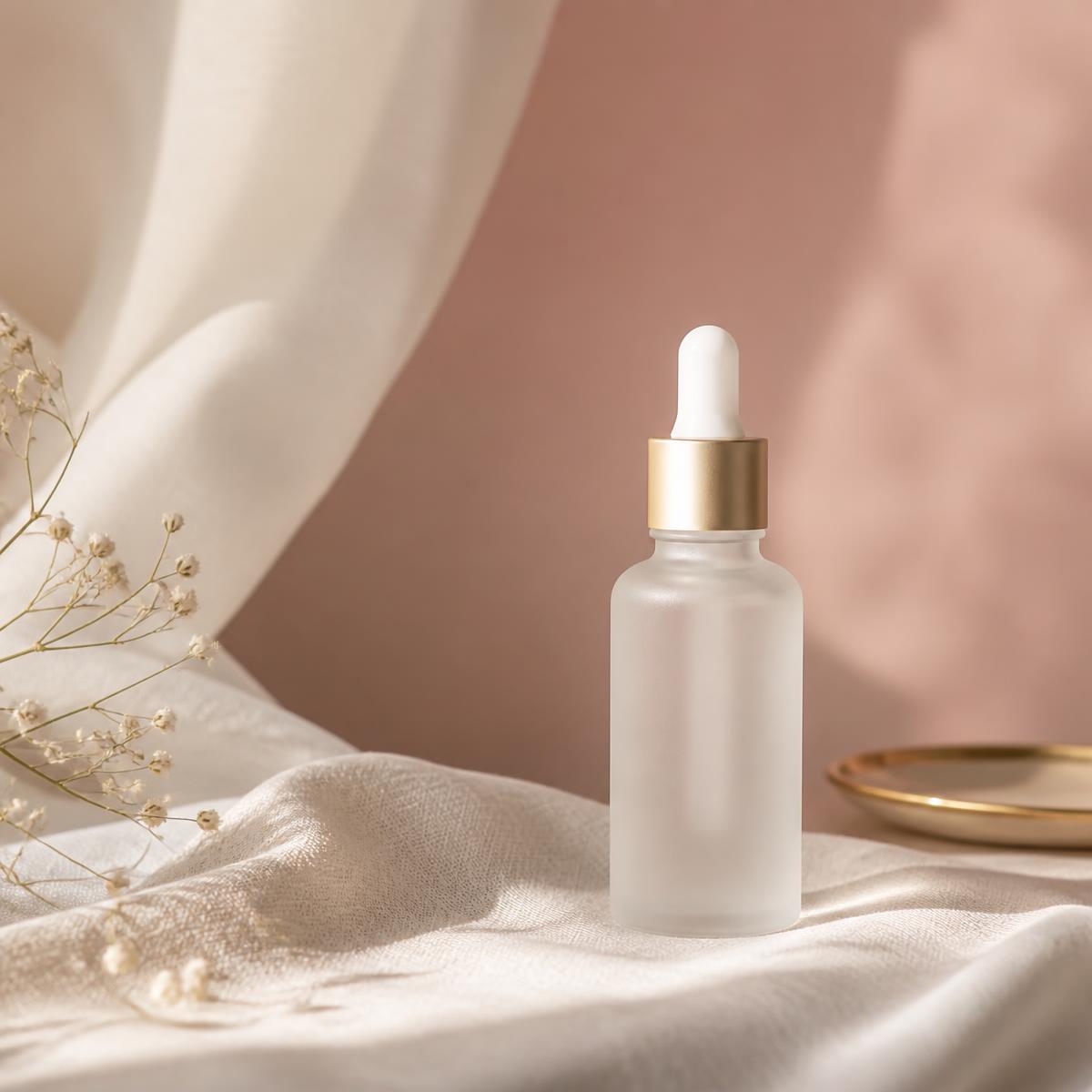 Frosted glass skincare serum bottle styled on ivory linen